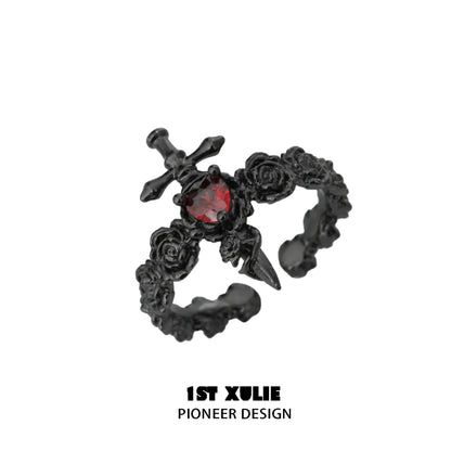 1ST XULIE gothic rose couple rings featuring a black design with a red gemstone and floral details