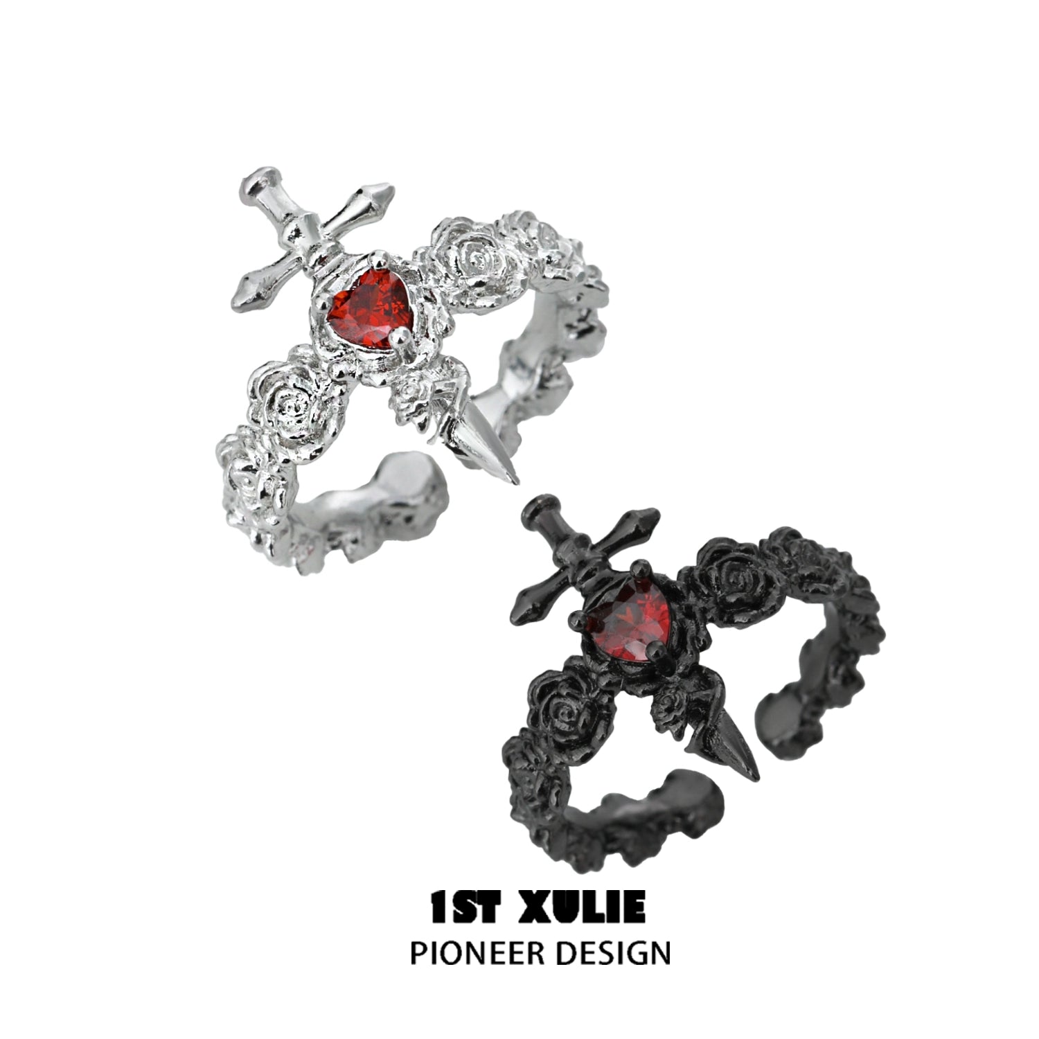 Gothic rose couple rings featuring a sword design and red gemstone accents by 1STXULIE