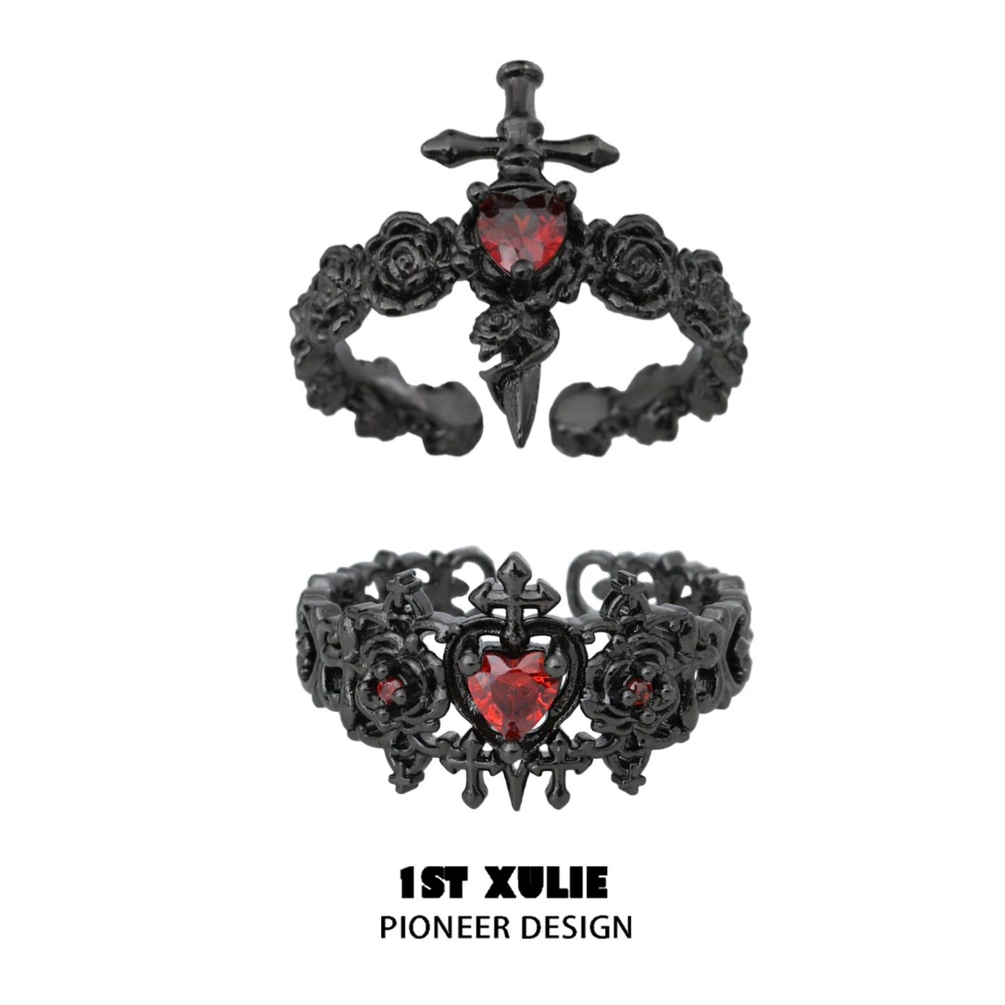 Gothic rose couple rings in black metal featuring red heart gemstones and ornate designs