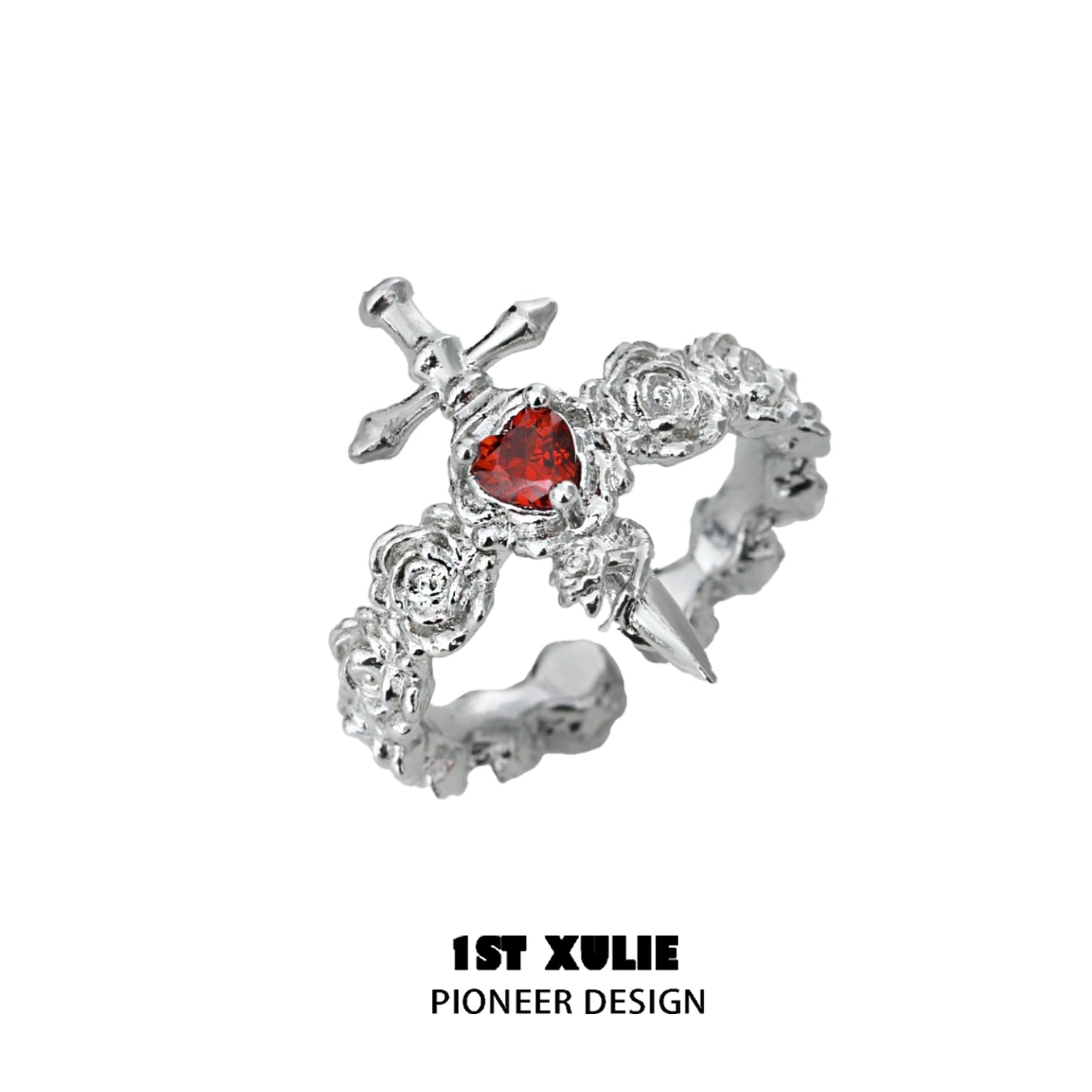 Gothic rose couple rings in silver featuring a heart-shaped red gem and intricate rose designs