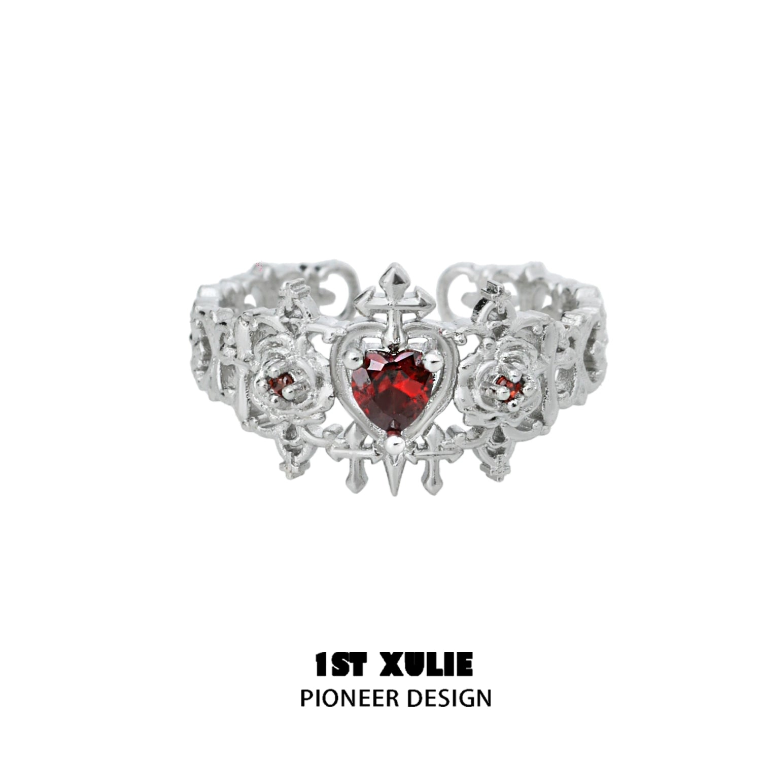 1ST XULIE Gothic Rose Couple Rings with Heart-Shaped Red Gemstone and Intricate Silver Design