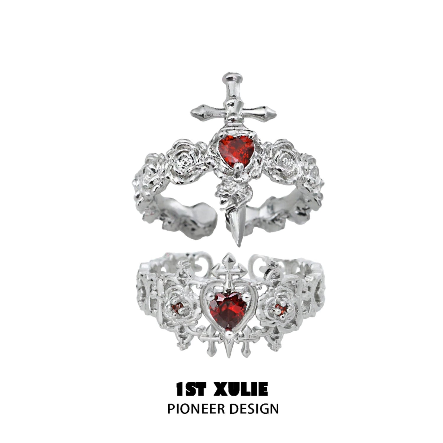 Gothic rose couple rings featuring intricate silver design and red gemstone accents