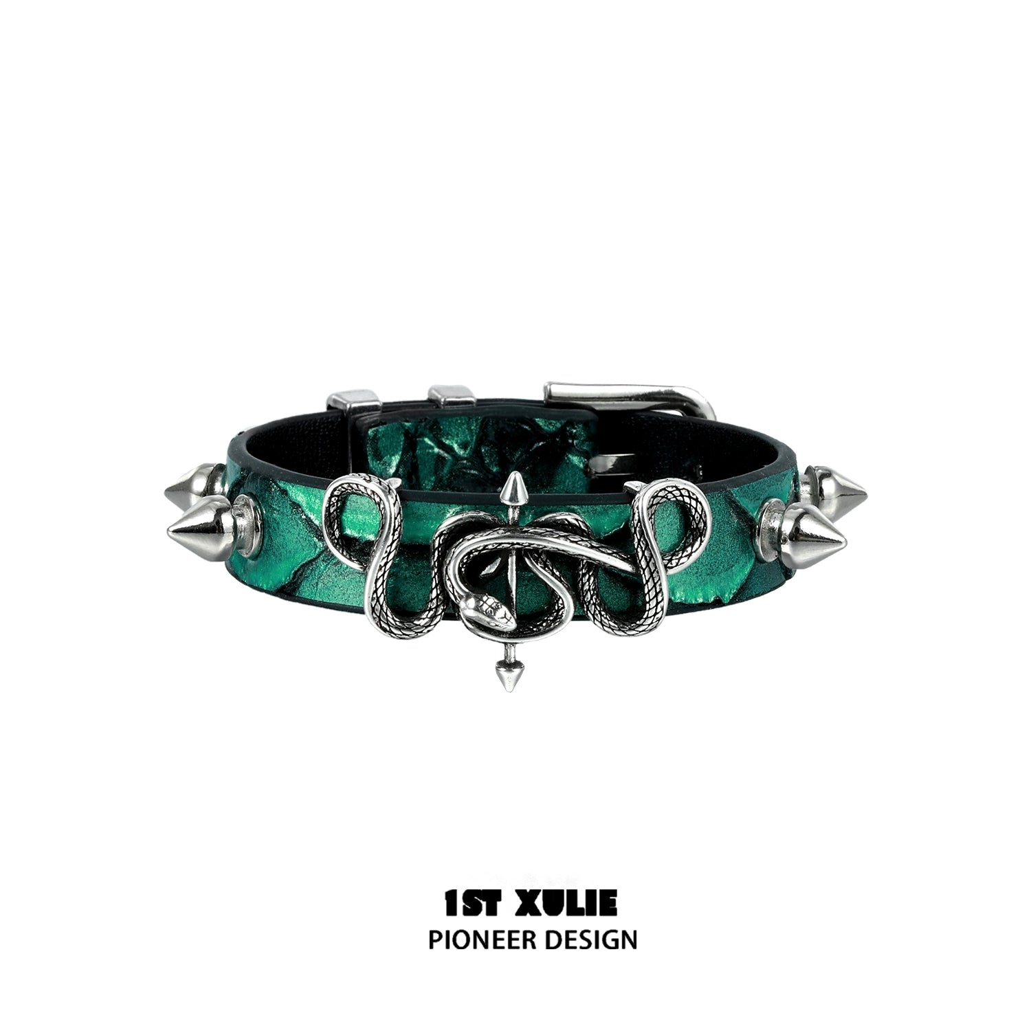 Gothic snake bracelet with emerald green accents and silver spikes for a bold fashion statement