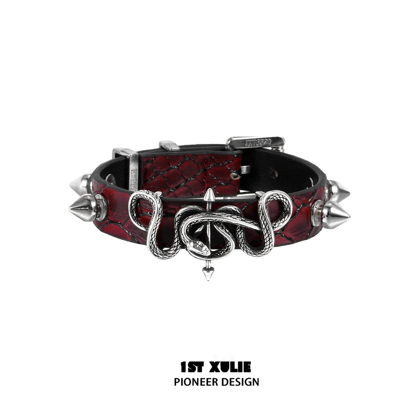 Gothic snake bracelet with silver spikes and a serpent design on red patterned band
