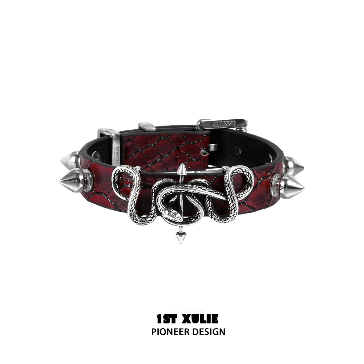 Gothic snake bracelet with silver spikes and a serpent design on red patterned band