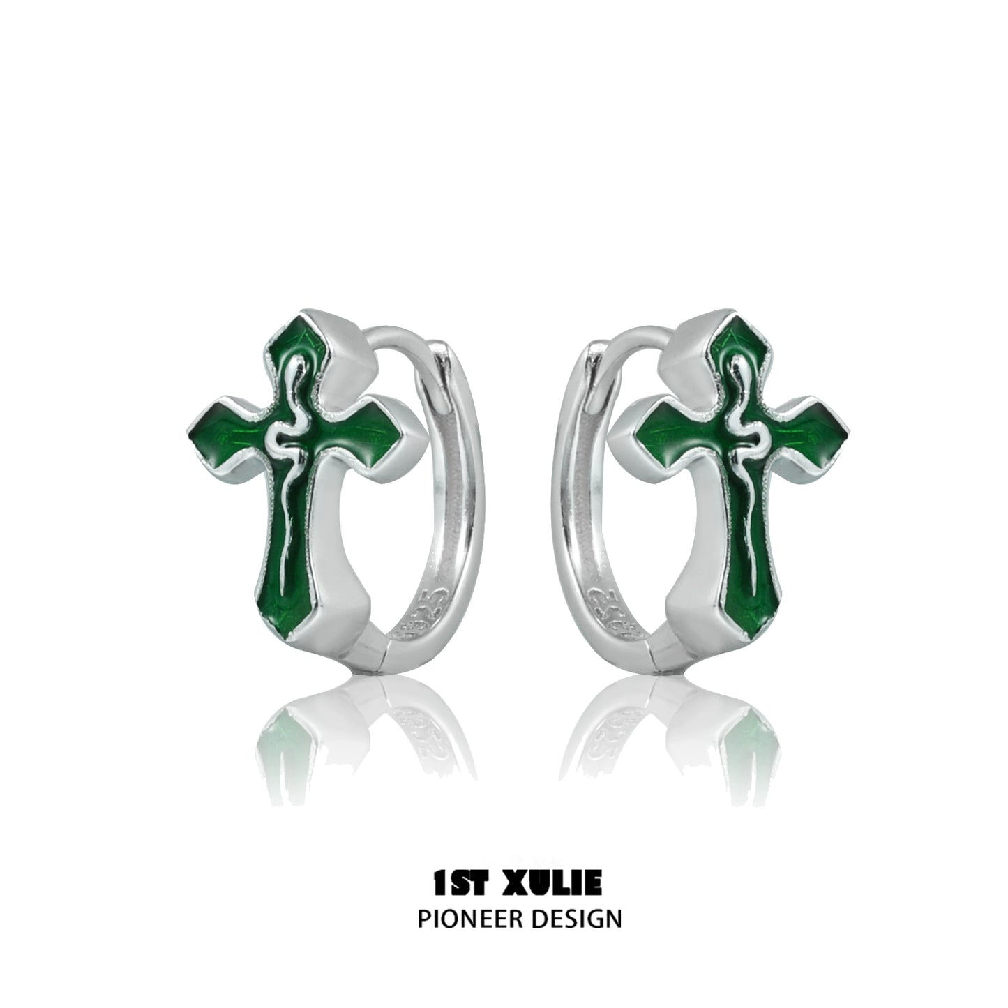 Gothic snake cross earrings with silver finish and green enamel accents for a unique style