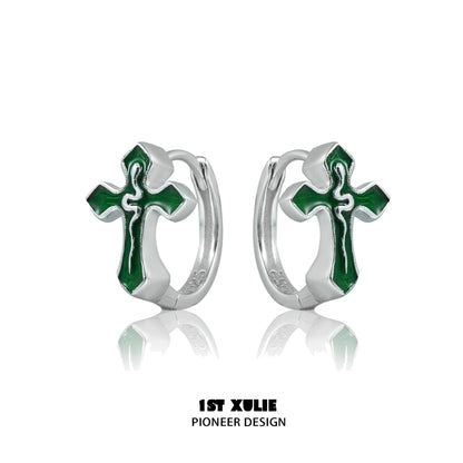 Gothic snake cross earrings with silver finish and green enamel accents for a unique style