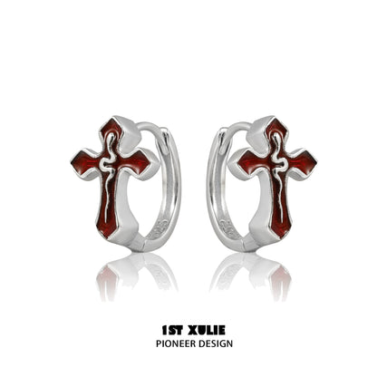 Gothic snake cross earrings in silver with red accents for a stylish and edgy look