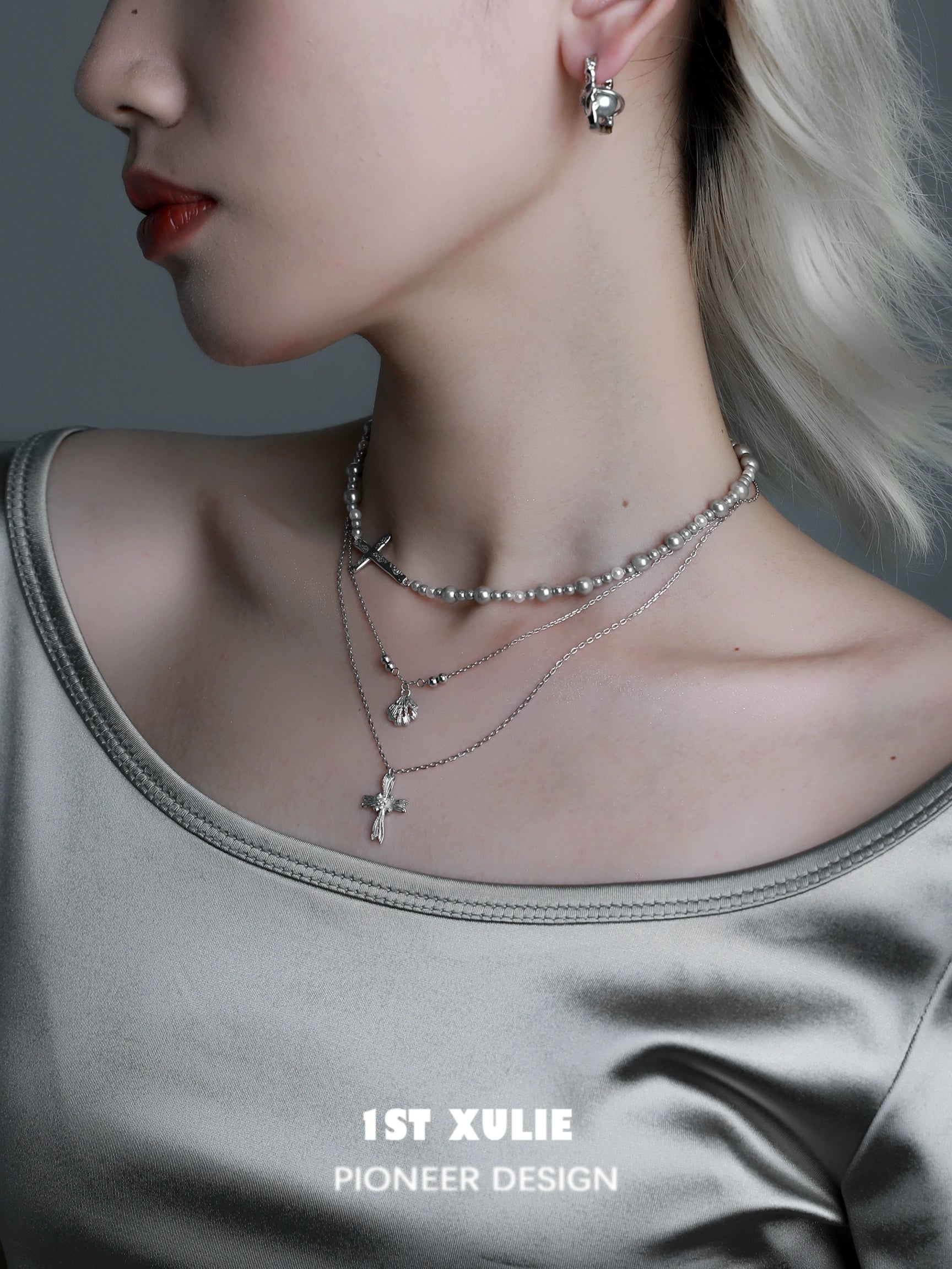 Stylish gray pearl silver double layer necklace worn with trendy outfit for elegant look