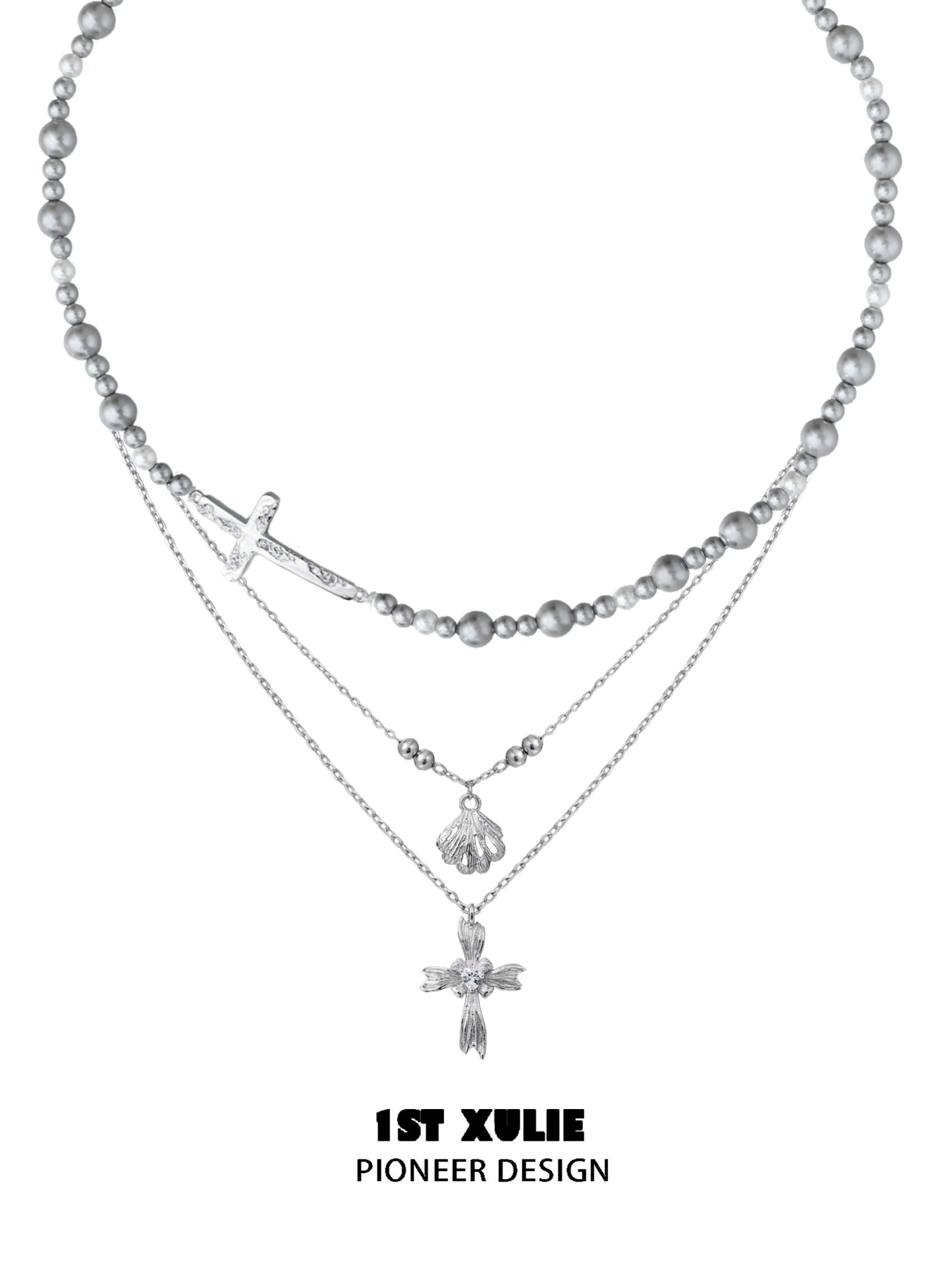 1STXULIE gray pearl silver double layer necklace with elegant charms and intricate design