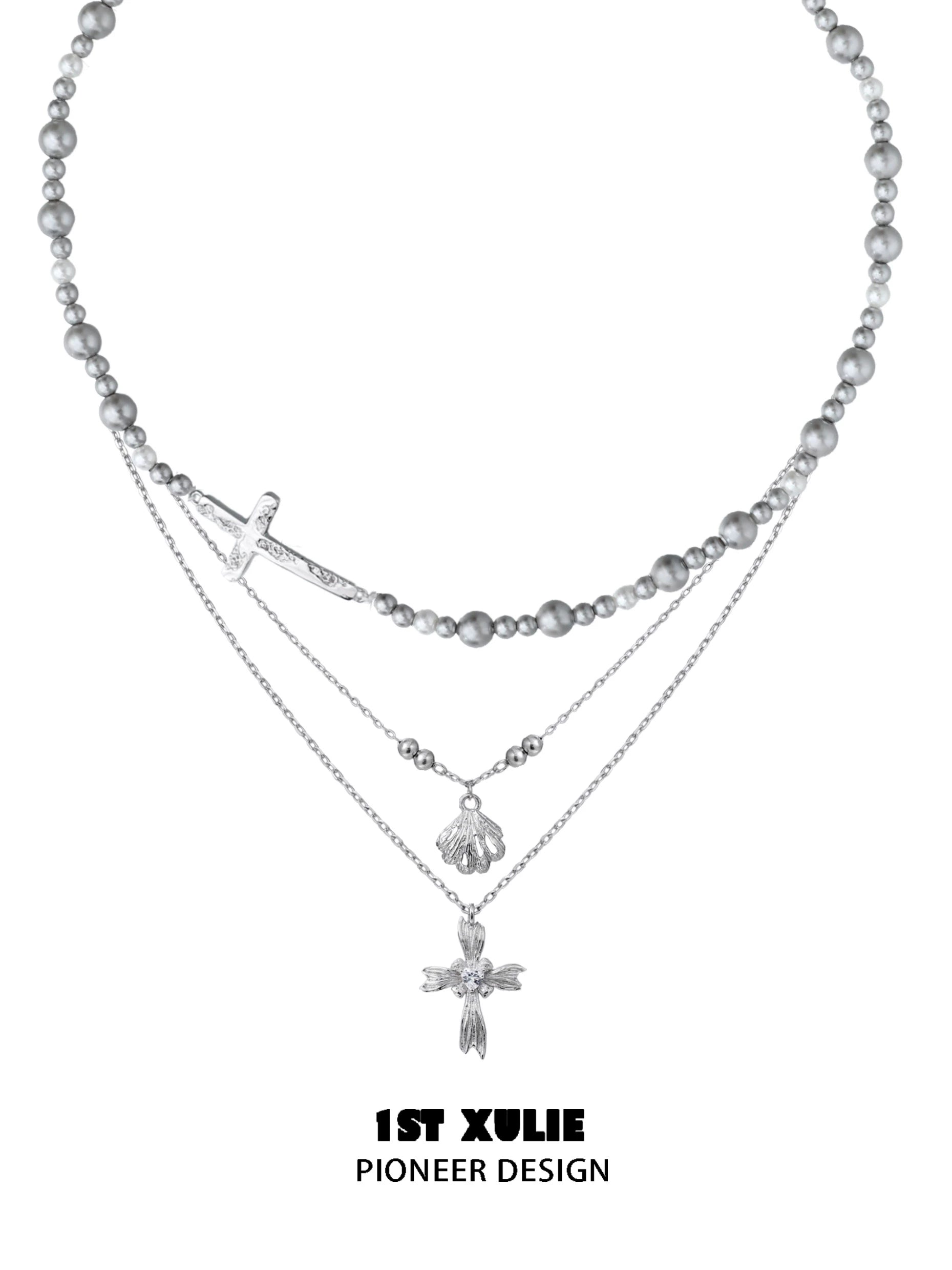 1STXULIE gray pearl silver double layer necklace with elegant charms and intricate design