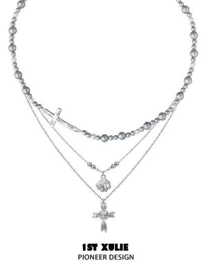 1STXULIE gray pearl silver double layer necklace with elegant charms and intricate design