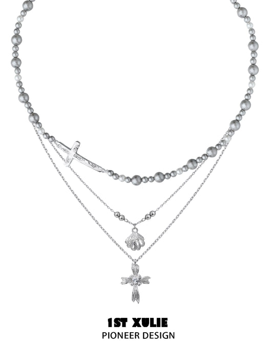 1STXULIE gray pearl silver double layer necklace with elegant charms and intricate design