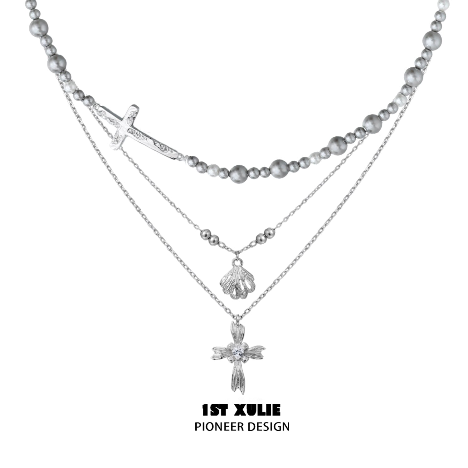 Gray pearl silver double layer necklace featuring a cross and decorative charms from 1ST XULIE