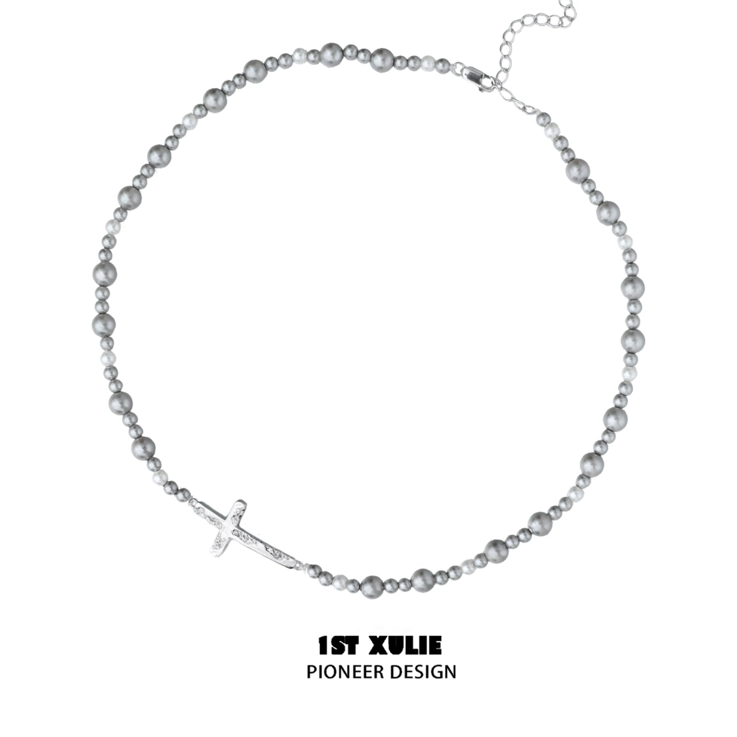 Gray pearl silver double layer necklace with a delicate cross pendant for elegant styling