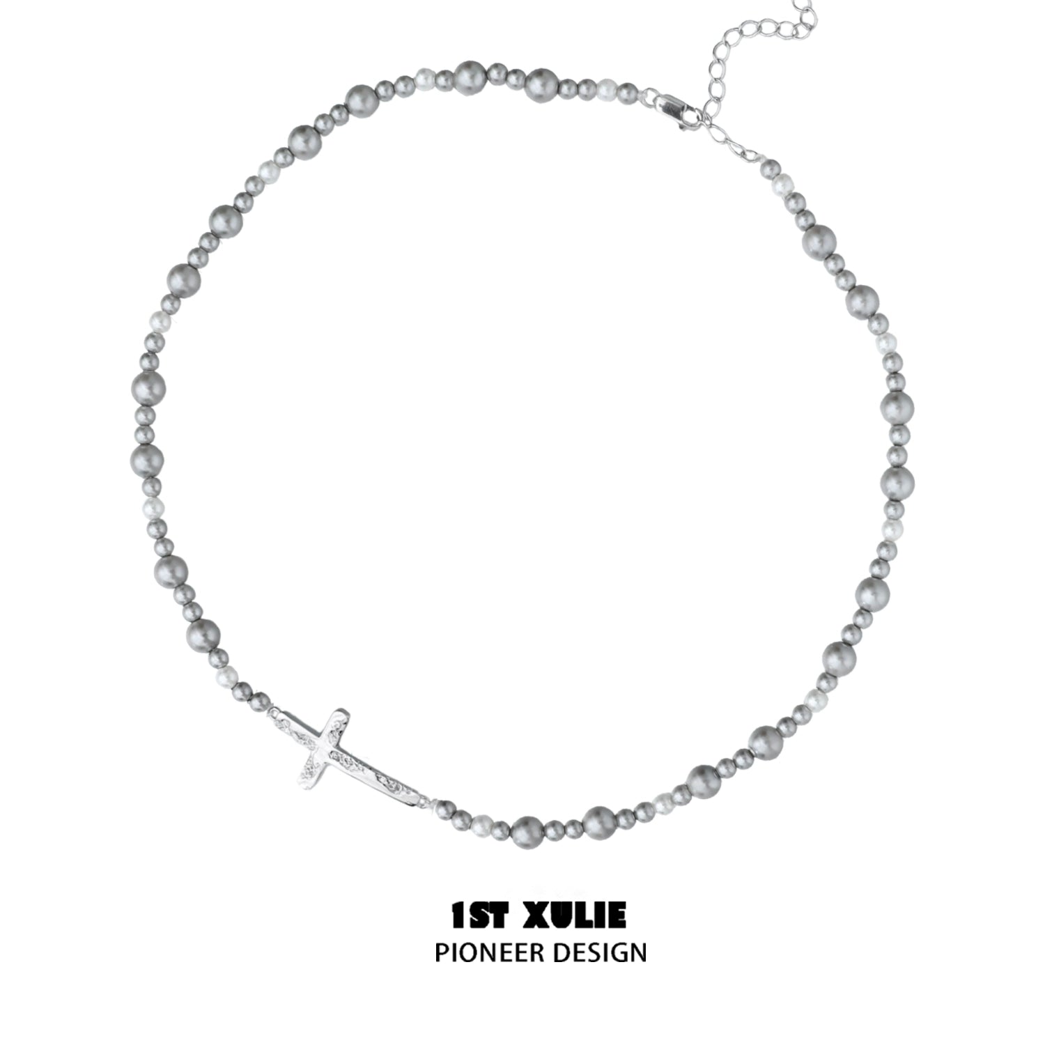 Gray pearl silver double layer necklace with a delicate cross pendant for elegant styling