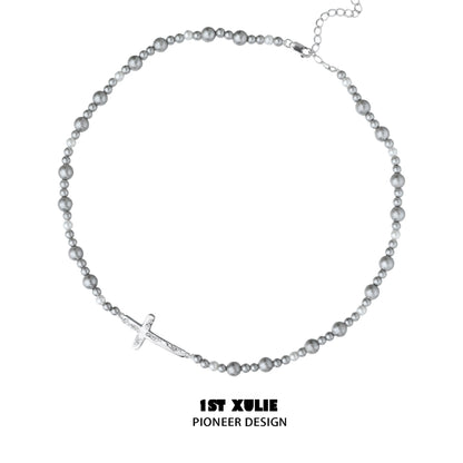 Gray pearl silver double layer necklace with a delicate cross pendant for elegant styling