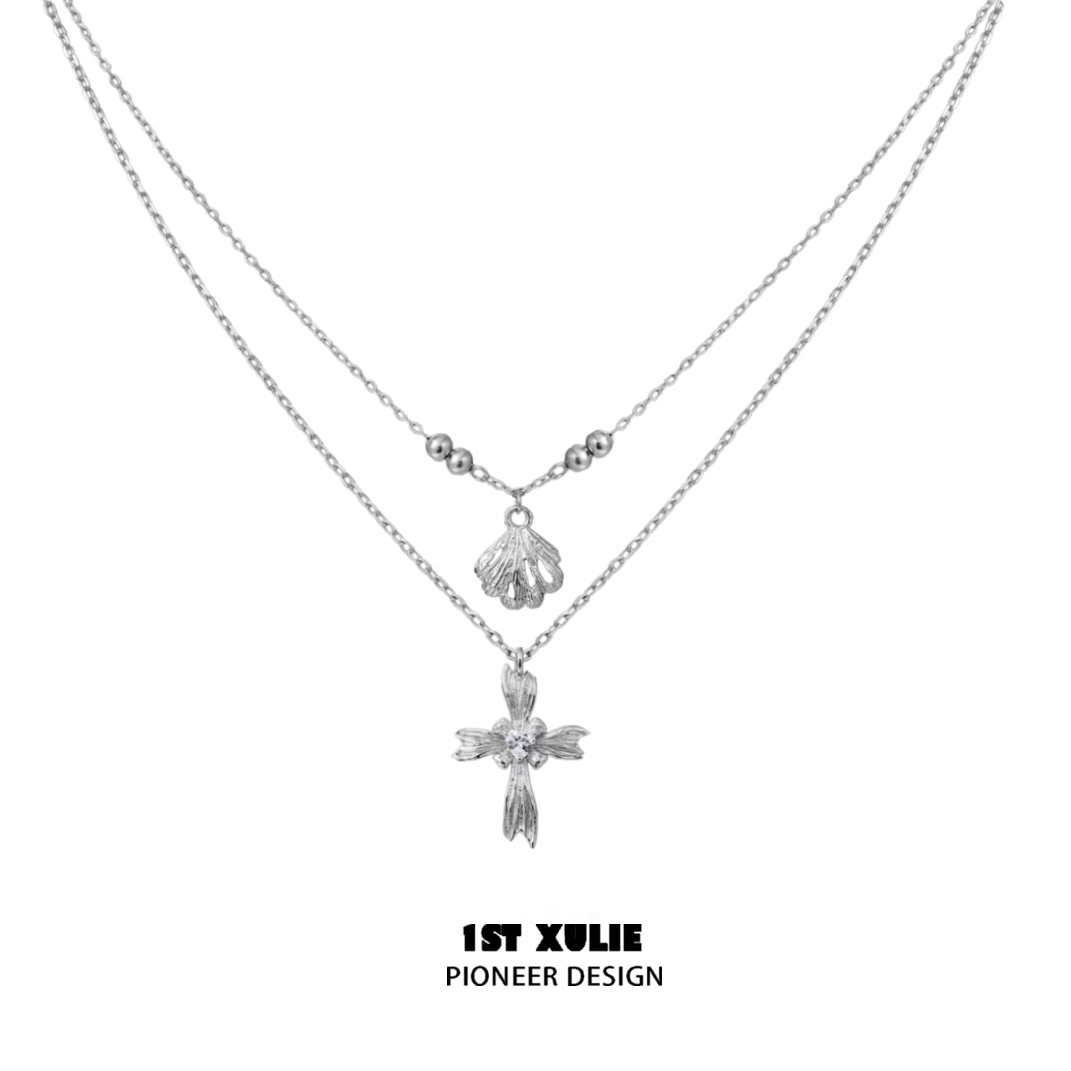 Gray pearl silver double layer necklace featuring a floral pendant and elegant design