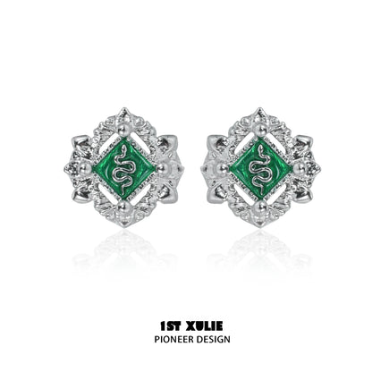 Elegant green serpent ear cuffs featuring intricate silver detailing by 1STXULIE for a unique style