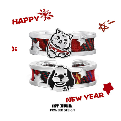 Happy cat dog silver ring with colorful woven band and playful animal designs for pet lovers