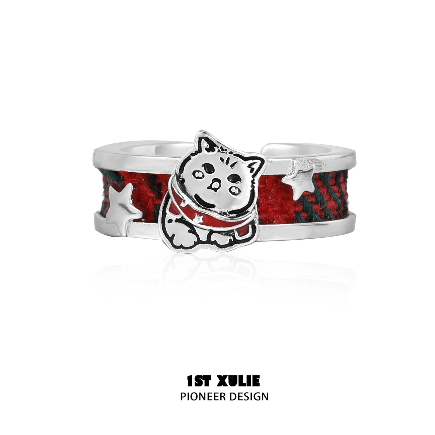Happy cat dog silver ring featuring a playful design with a red and silver band