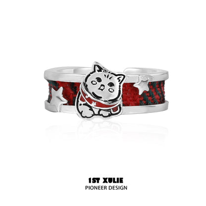 Happy cat dog silver ring featuring a playful design with a red and silver band