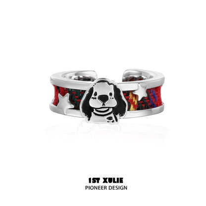 Happy cat dog silver ring with colorful band and dog design, perfect for pet lovers