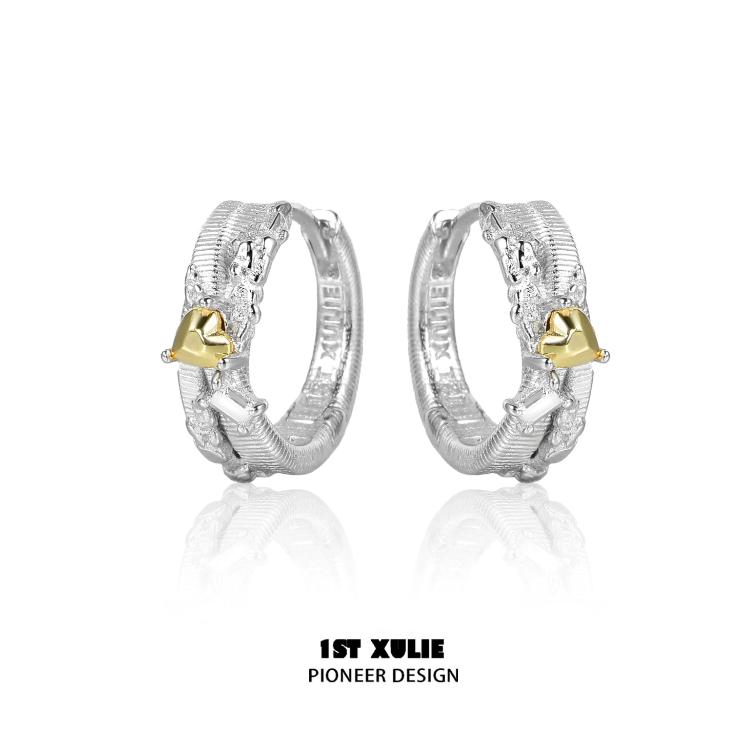 1STXULIE heart couple earrings in silver and gold with a braided design for romantic pairs