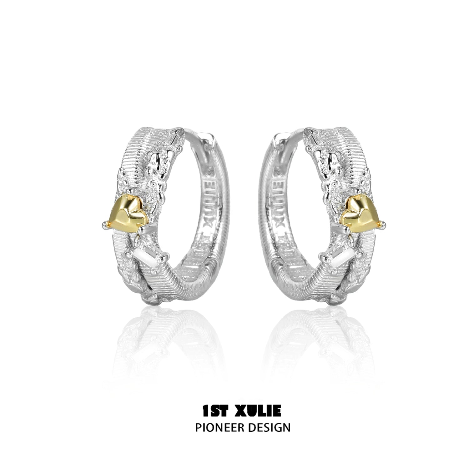 1STXULIE heart couple earrings in silver and gold with a braided design for romantic pairs