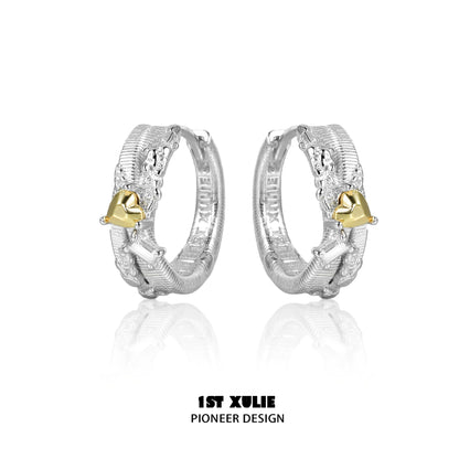 1STXULIE heart couple earrings in silver and gold with a braided design for romantic pairs