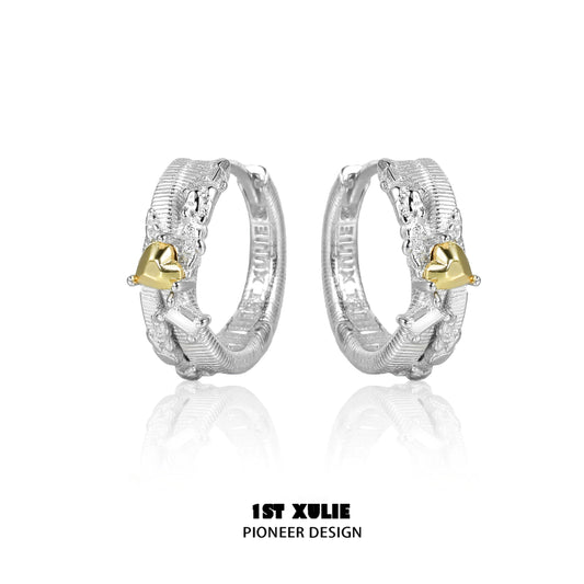 1STXULIE heart couple earrings in silver and gold with a braided design for romantic pairs