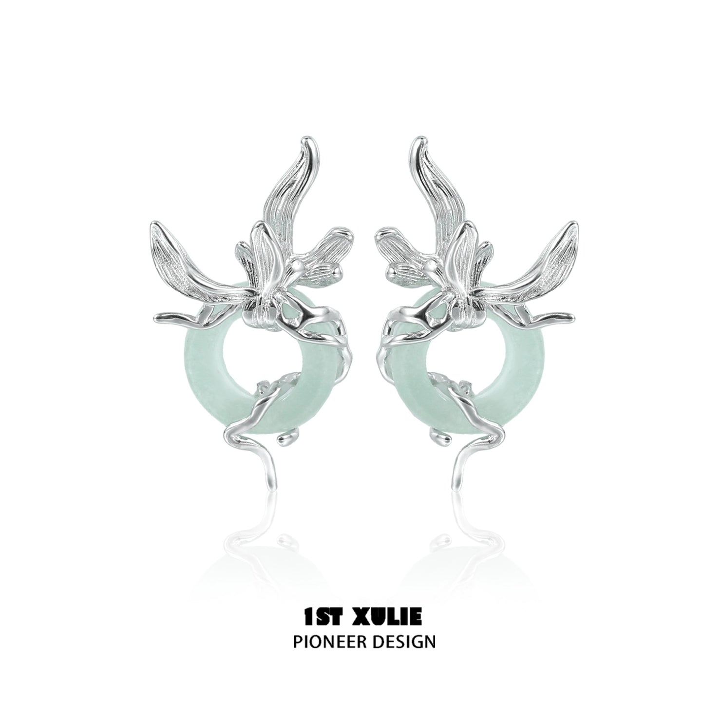 Iris silver stud earrings featuring floral design with a delicate green accent for elegant style