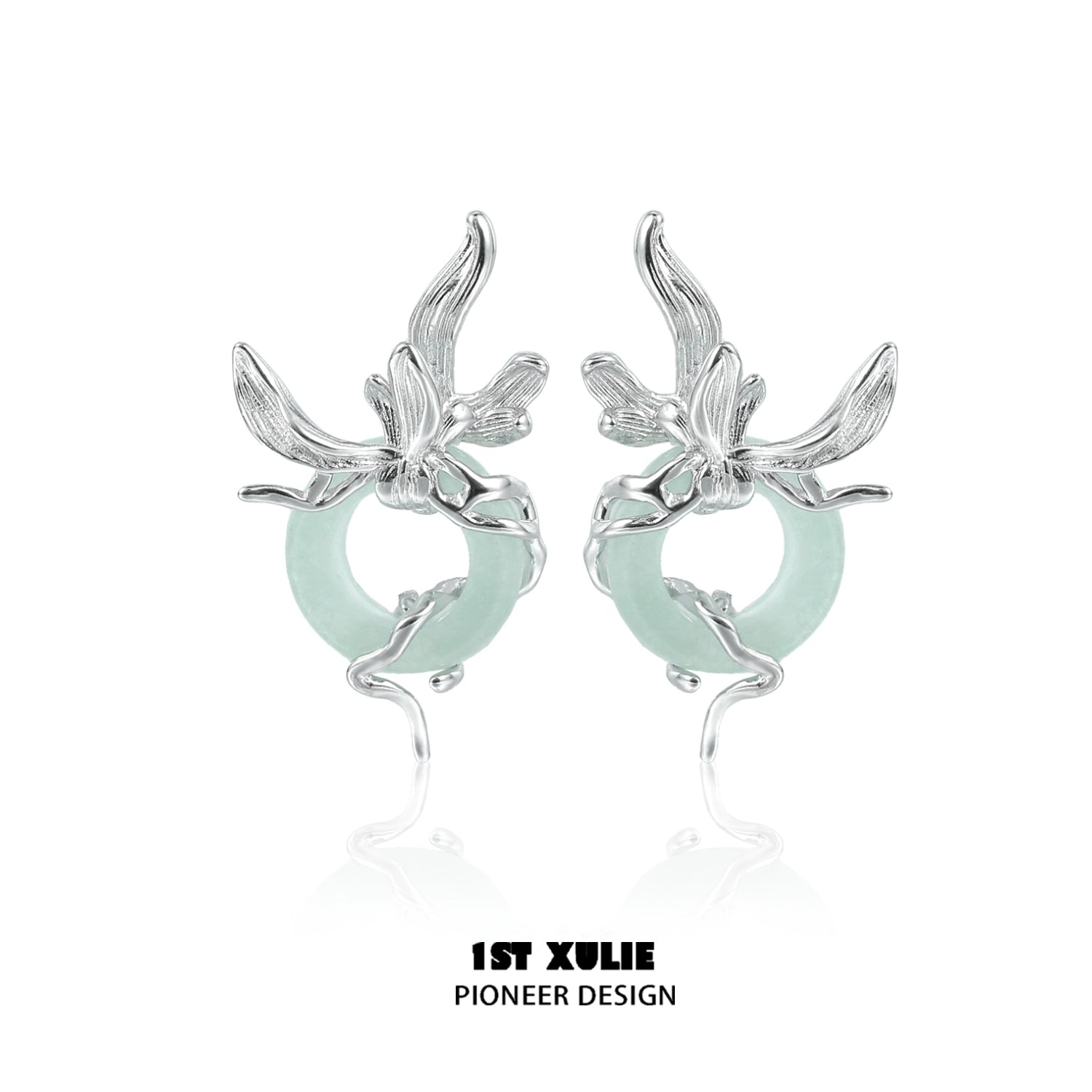 Iris silver stud earrings featuring floral design with a delicate green accent for elegant style