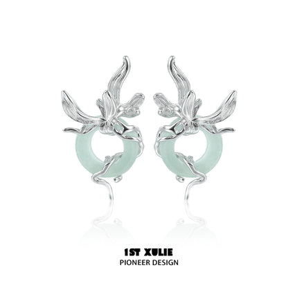 Iris silver stud earrings featuring floral design with a delicate green accent for elegant style