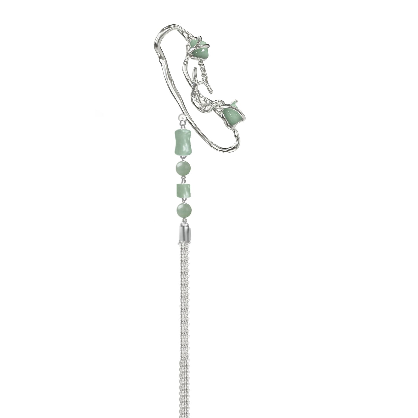 Elegant jade cascade ear clip featuring cascading jade beads and a silver design