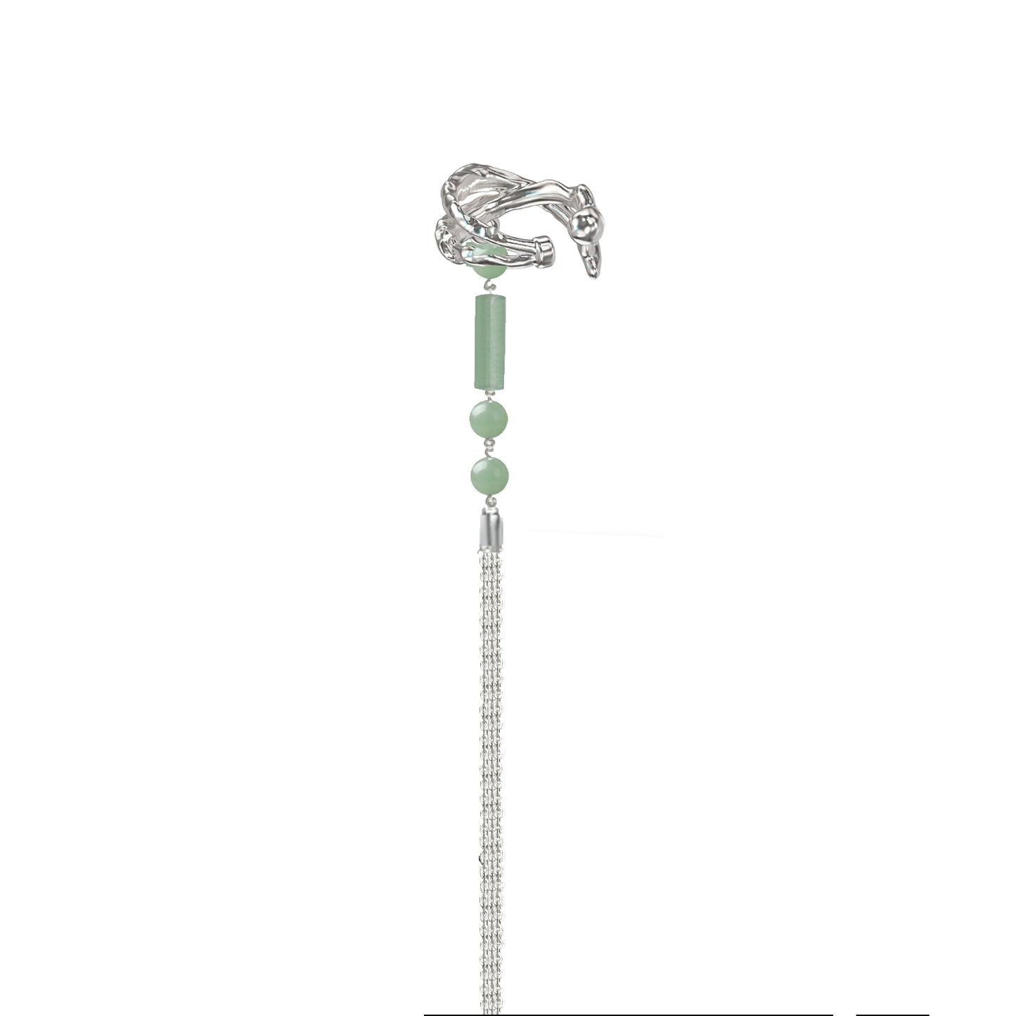 Elegant jade cascade ear clip featuring a silver design and jade beads for a chic accessory