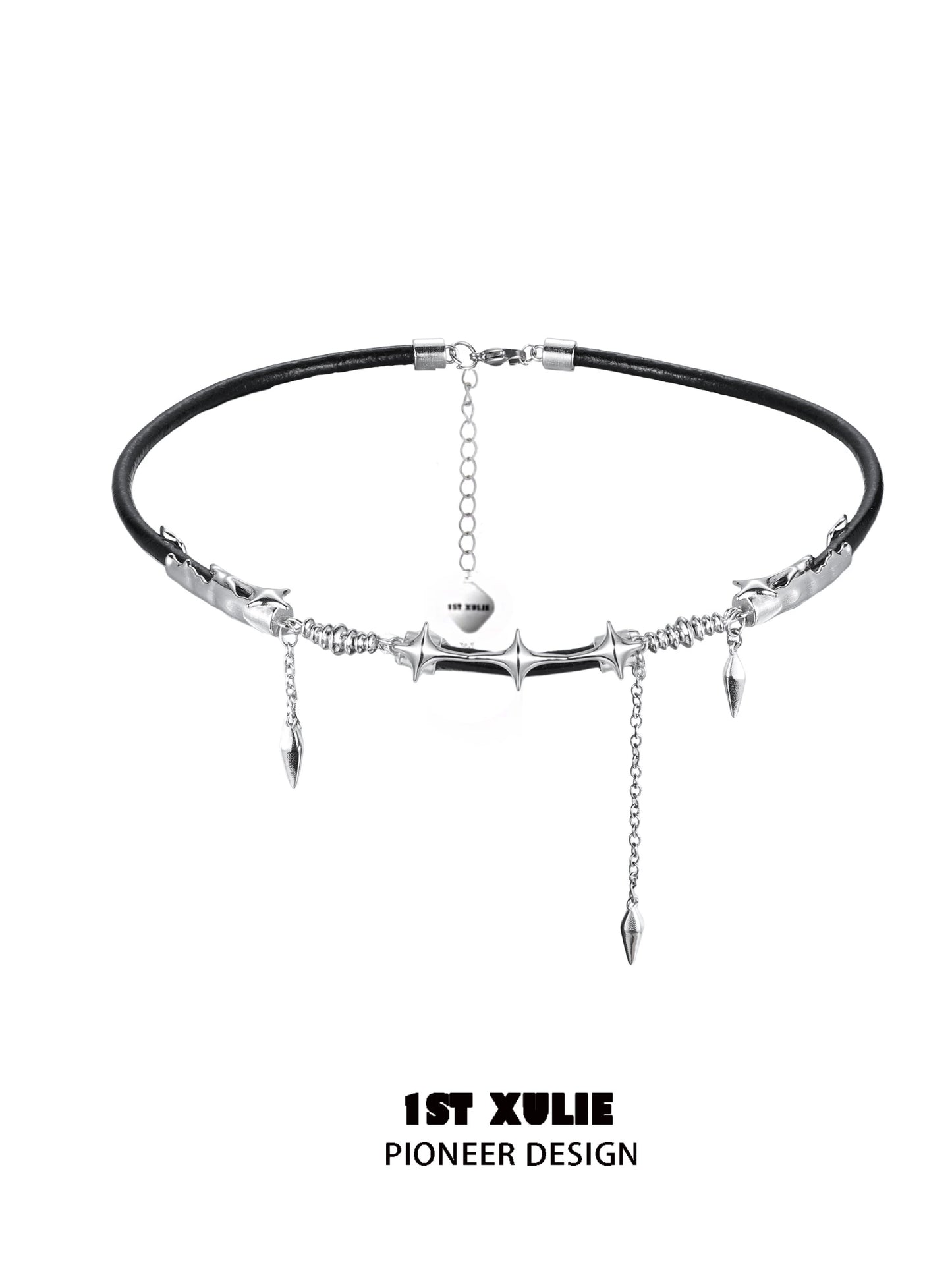 Midnight talisman leather necklace with silver spikes and beads for a bold look