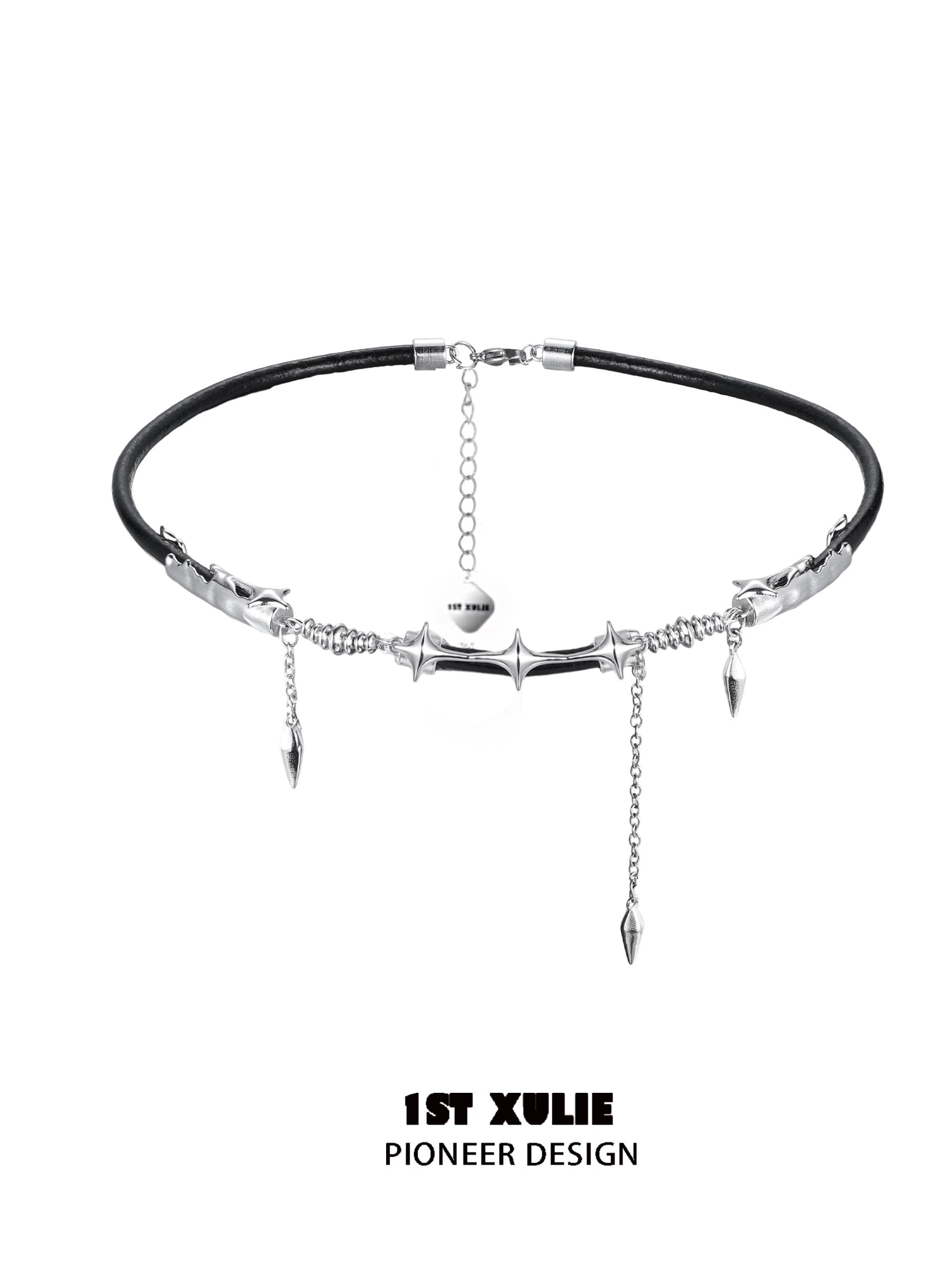 Midnight talisman leather necklace with silver spikes and beads for a bold look