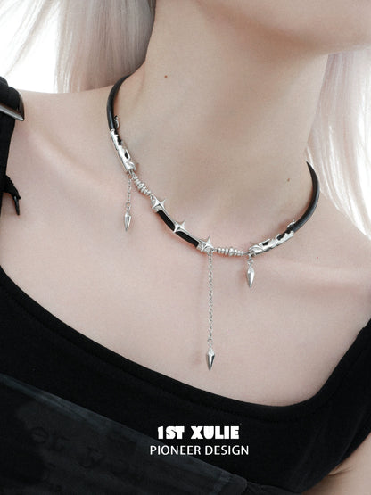 Midnight talisman leather necklace with silver spikes and star accents for a bold look