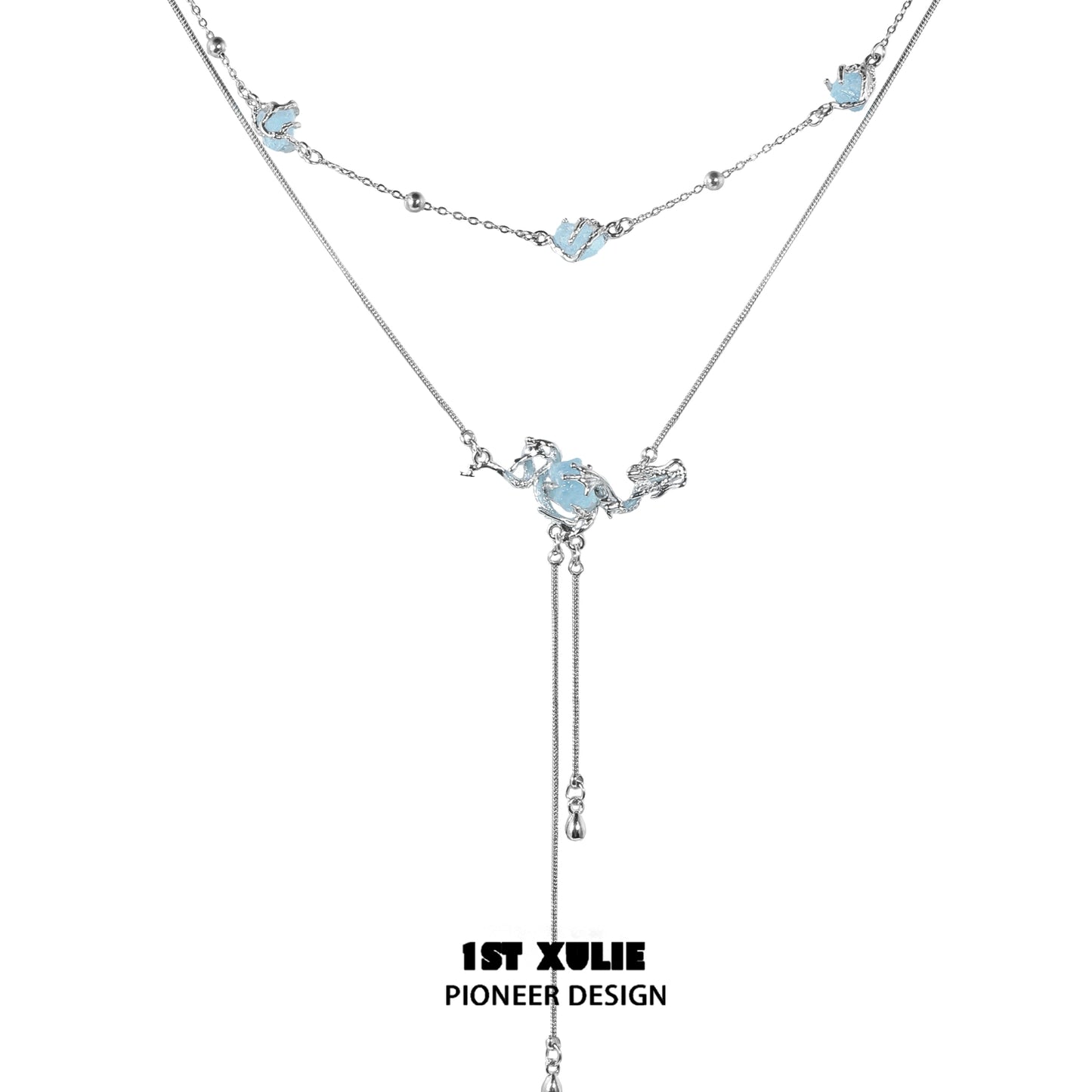 Stunning 1STXULIE moon double necklace with blue accents and delicate chain design