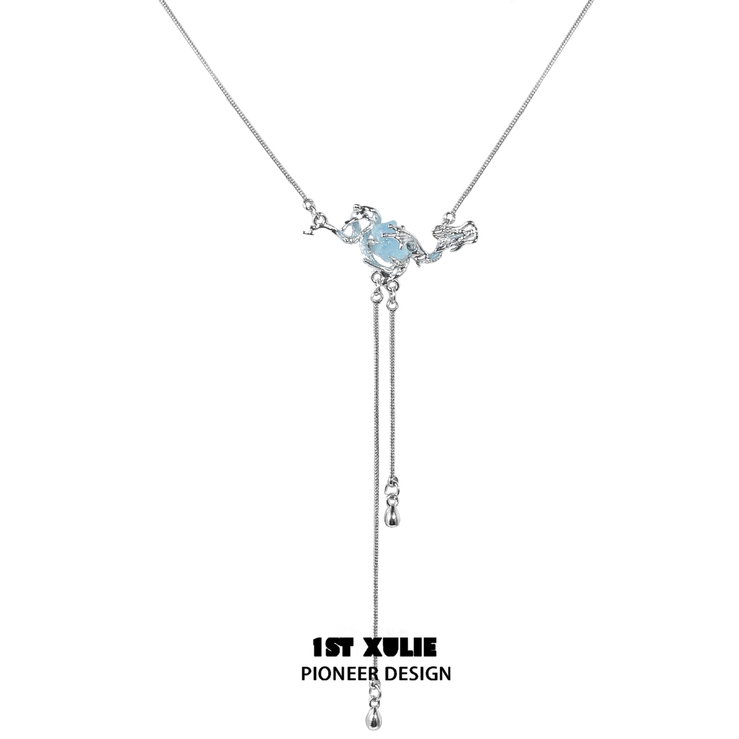 Elegant moon double necklace by 1STXULIE featuring a blue gemstone and stylish drop design