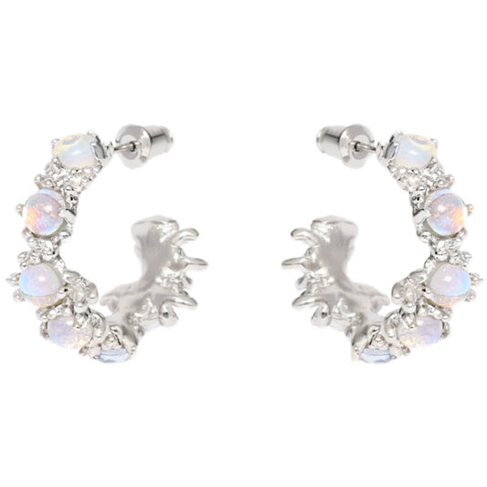 Elegant silver moonstone hoop earrings adorned with shimmering stones for a stylish look