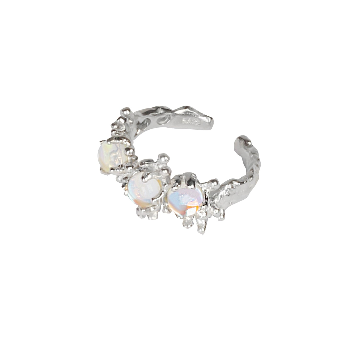 Elegant moonstone silver ring featuring three sparkling stones set on a textured band