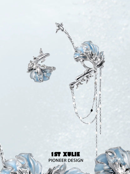 1STXULIE Mystic Mermaid Tail Earrings with Blue Floral Design and Elegant Silver Finish