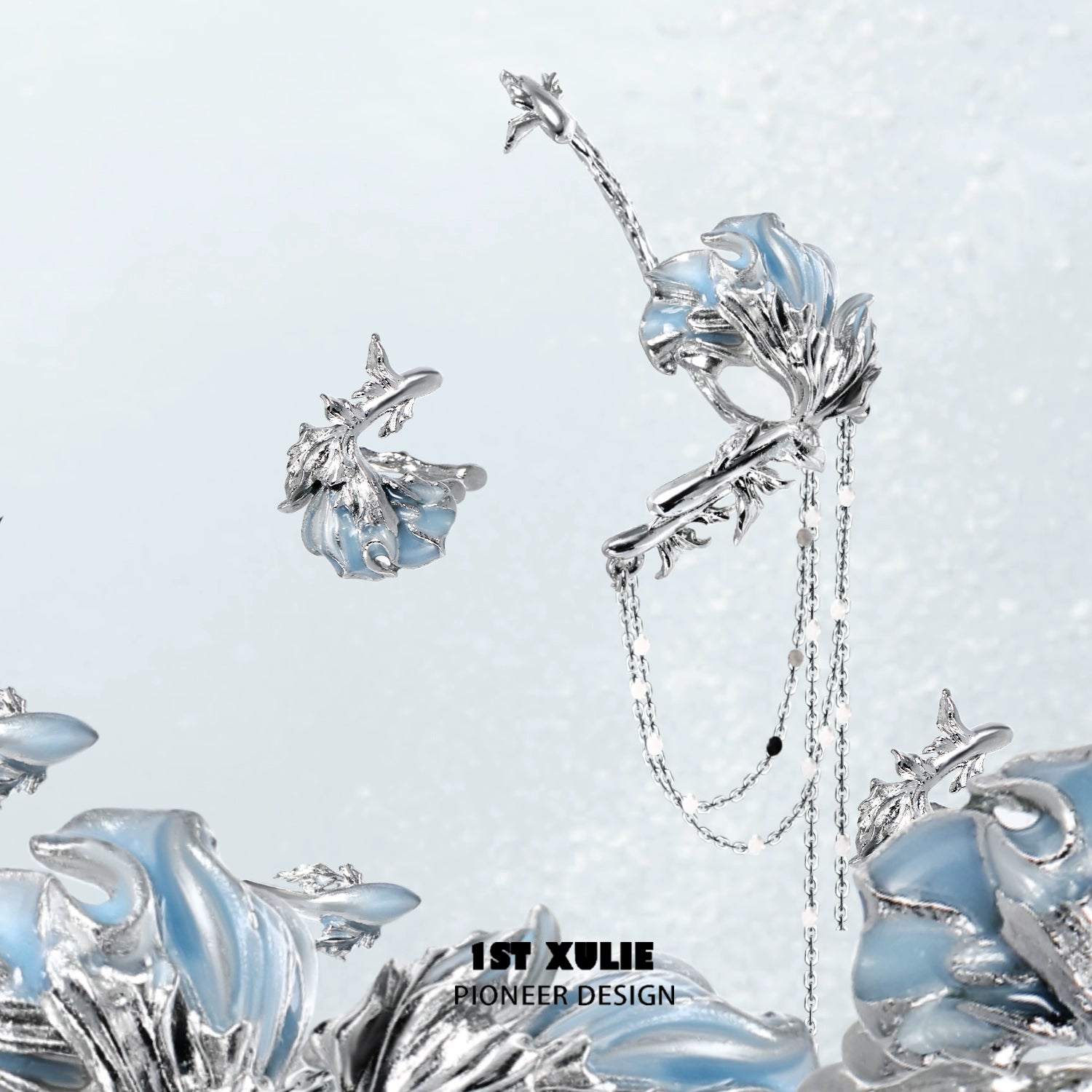1STXULIE Mystic Mermaid Tail Earrings with Intricate Blue and Silver Design for Ocean-Inspired Style