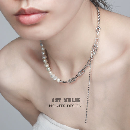 Stylish pearl fringe collarbone chain necklace featuring a mix of pearls and metal chains