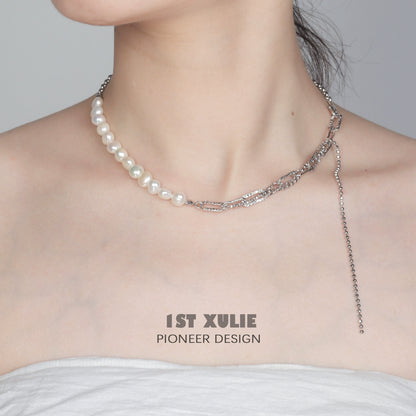 Elegant 1ST XULIE pearl fringe collarbone chain necklace featuring shimmering pearls and a stylish design