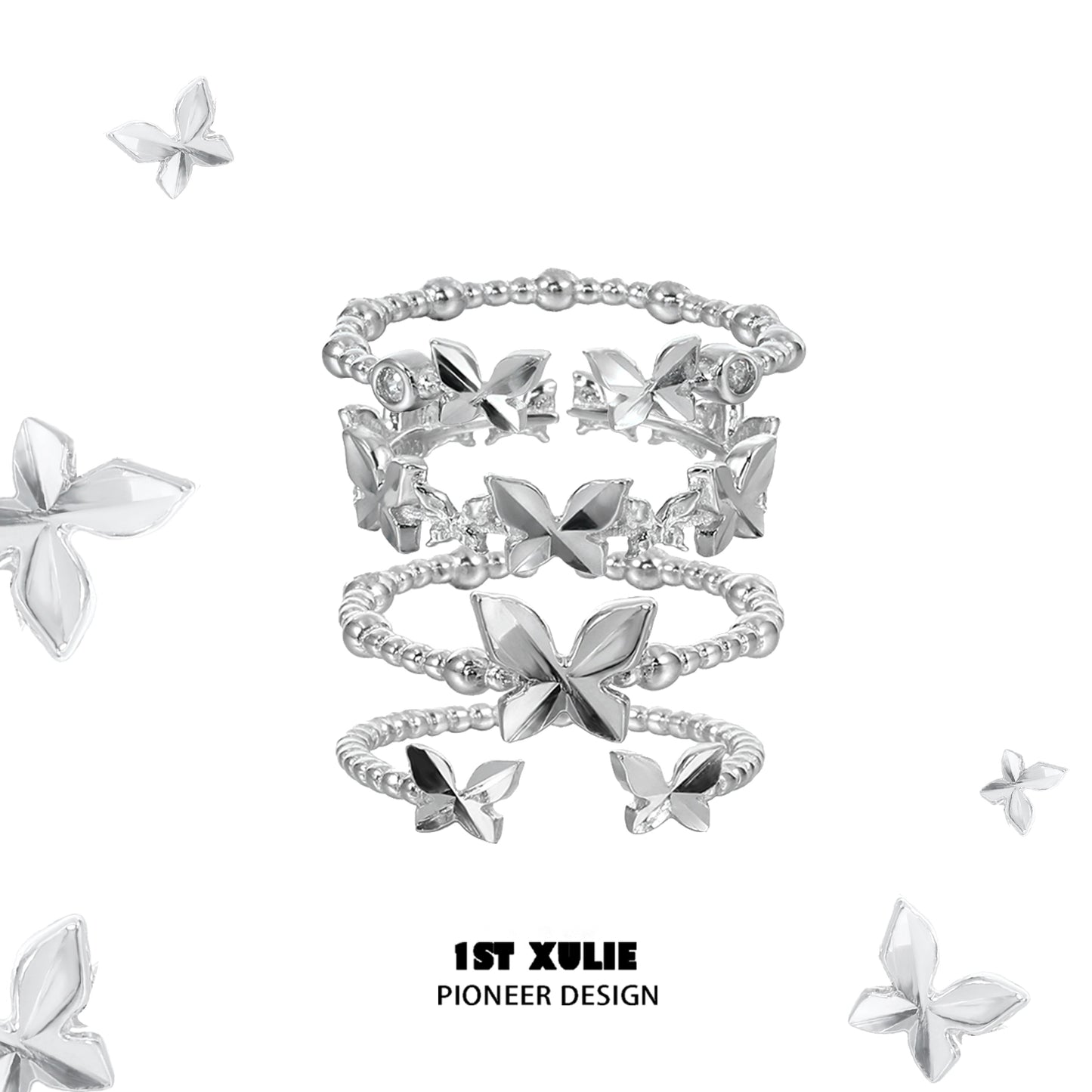 Punk butterfly silver ring stack featuring unique designs and elegant butterfly motifs