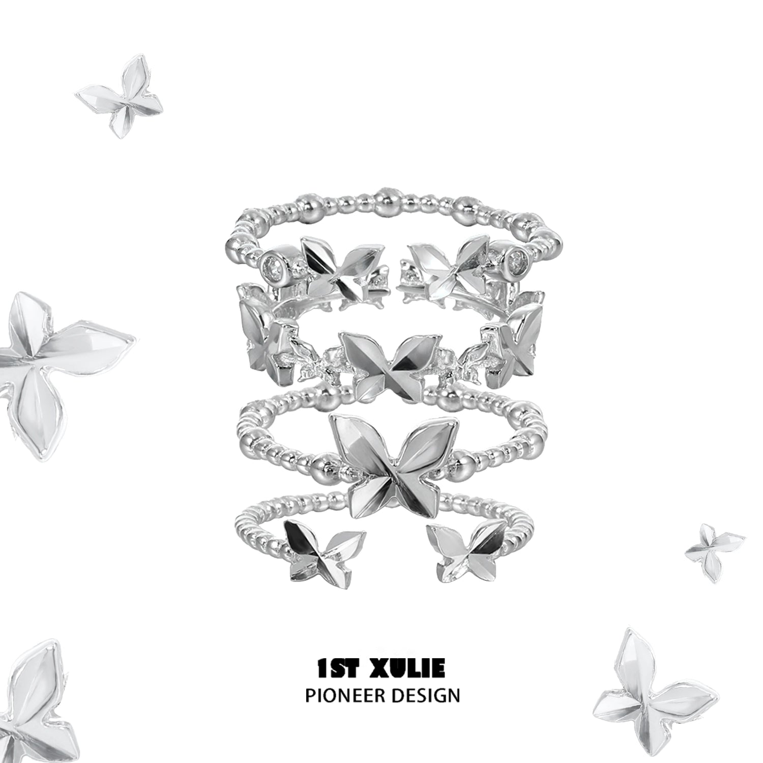 Punk butterfly silver ring stack featuring unique designs and elegant butterfly motifs