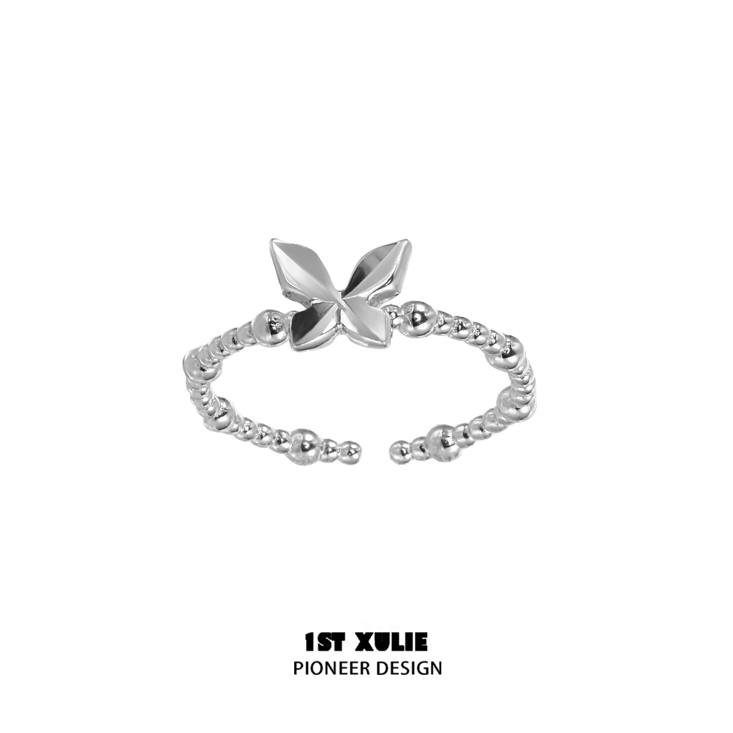 Punk butterfly silver ring from 1ST XULIE featuring a stylish butterfly design and bead accents